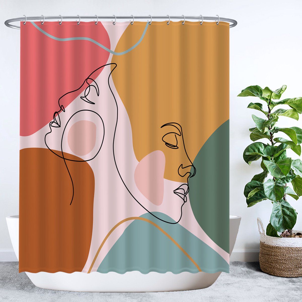 Ulticool Douchegordijn - Gezichten Abstract Aesthetic Emotie - 180 x 200 cm - Polyester - Bruin/Geel/Groen/Roze