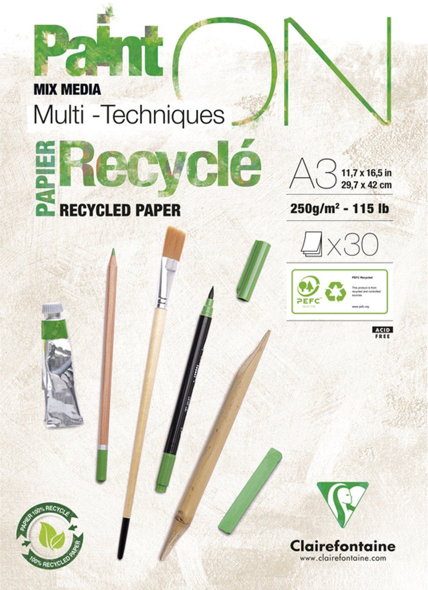 Clairefontaine 975742C Gelijmd Blok PaintON Multi-technieken - 30 Vellen Multi-technieken Tekenpapier 100% Gerecycleerd met Gesatineerd Oppervlak - Wit - A3 29,7x42 cm 250g