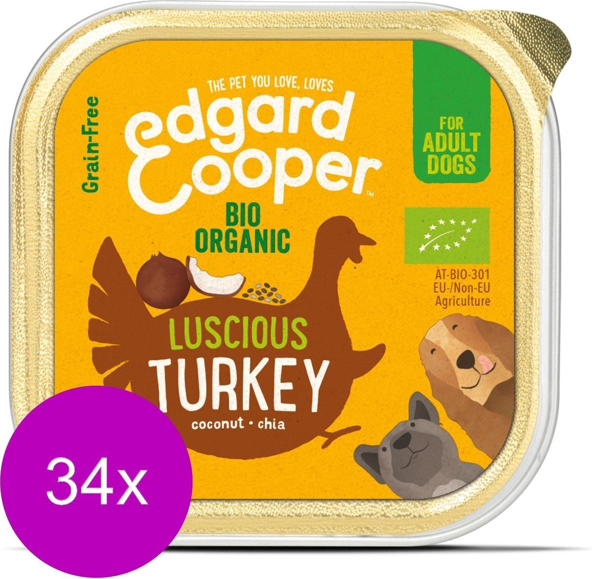 Edgard & Cooper Biologische Kalkoen Kuipje - Voor volwassen honden - Hondenvoer - 34 x 100g