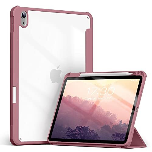 KEYWANTS Hoes voor iPad Air 4/5 10,9 inch (2020/2022) met geïntegreerde pengleuf, hoes met PU-oppervlak en acrylachterkant met automatische slaap/waak, pruim