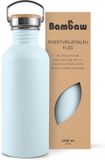 Bambaw® Waterfles 1 liter - Enkelwandige drinkfles - Lekvrij, Plasticvrij met Bamboe Dop - Waterflessen Volwassenen - Waterfles RVS - Perfect voor Reizen, Wandelen, Dagelijks Gebruik, Kamperen - Water Fles - Camping - Lichtblauw