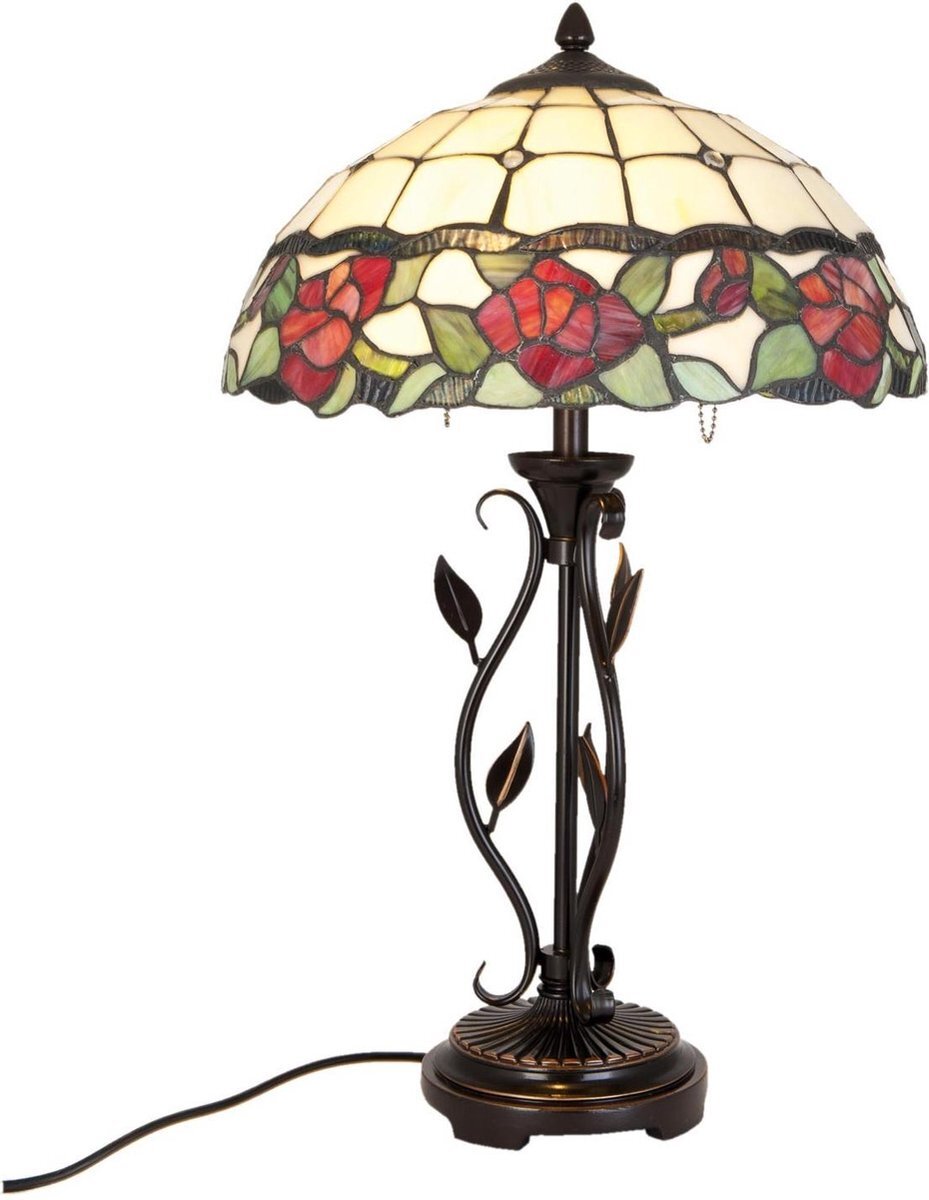 Lumilamp Tiffany Tafellamp Ø 35x61 cm Beige Groen Glas Roos Tiffany Bureaulamp Tiffany Lampen Glas in Lood