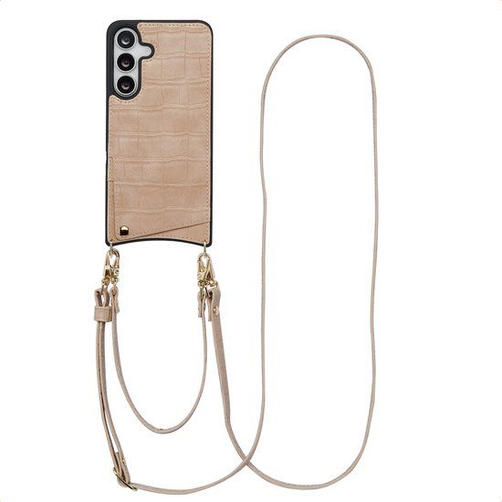 Selencia Hoesje - Geschikt voor Samsung Galaxy S25 FE - Croco Backcover met koord en pashouder - Beige
