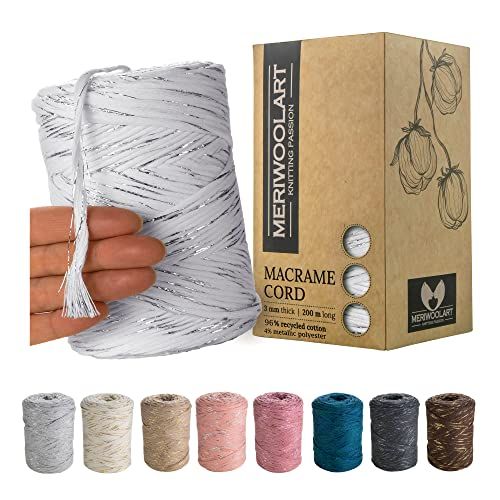 MERIWOOLART MeriWoolArt® Macramé Garen Wit, Macramé Koord 3mm 200m, Enkele Twist, Zacht Macramé Koord, 96% Gerecyclede Katoenen Macrame Garen Gekleurd, DIY Macramé Handwerk, Boho Huisdecoratie