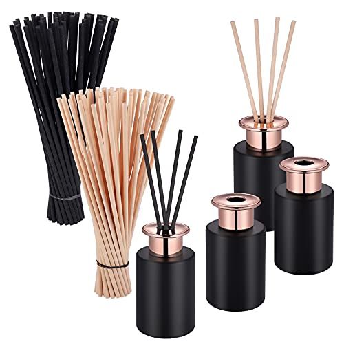 JIZZU 4 Stks 100 ml zwart Reed Diffuser Flessen Leeg met Diffuser Rieten Sticks (50 Stks Zwart & 50 Stks Beige), Lege Diffuser Fles met diffuser sticks, Essentiële Olie Geurstok