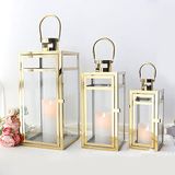 TRIROCKS Set van 3 RVS Lantaarn 48cm&38cm&30cm Hoog Metaal Kaarsenhouder met Duidelijke Glaspanelen Perfect voor Woondecoratie Woonkamer Feesten Tafel Binnen Buiten (Goud)