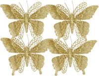 House of Seasons Edelman Bv Kerstboomversiering Vlinder - 4x stuks - 16 cm - goud glitter - op clip