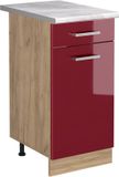 Vicco Keukenonderkast R-Line, Rode hoogglans/Goudkleurig Eiken, 40 cm marmer werkblad