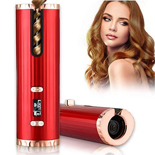 HMEDA Draadloze Automatische Krultang,Draadloze Auto Curler met LCD-scherm & Verstelbare Temperatuurregeling,Draagbare USB Oplaadbare Reizen Krultang Snelle Warmte-up Curler Wand voor Reizen (Rood)