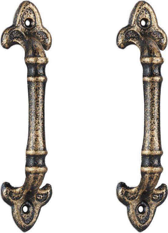 Relaxdays meubelgreep vintage, 2 stuks, handgreep antiek voor kasten, lades, schuifdeur, gietijzer, 20 cm lang, brons