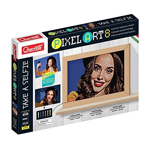 Quercetti Pixel Art 8 Take a Selfie Mosaic Kit - Verander elke foto in mozaïekkunst met 9600 haringen in 6 kleuren en 8 pegboards, met frame om op te hangen en weer te geven, leeftijden 9 jaar en hoger, veelkleurig