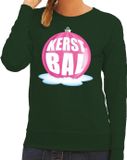 Bellatio Decorations Shoppartners Bv Foute kersttrui kerstbal roze op groene sweater voor dames - M