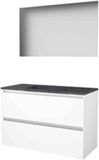Basic Line Ultimate 46 Ensemble de meubles de salle de bain - 100 x 46 cm - Sans poignée - 2 tiroirs - Lavabo en pierre naturelle - 1 trou de robinet - Miroir avec éclairage LED indirect - Blanc glacier
