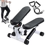 BAKAJI Stepper training fitness cardio benen buik heup met LCD-display calorieën tijd en elastische halters training armen schouders roestvrij stalen frame anti-slip pedalen (wit)
