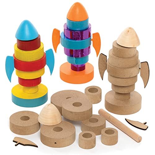 Baker Ross FC163 houten stapelbare raketten - pak van 2, knutsel activiteiten voor kinderen om te maken, versieren en tentoon te stellen, een perfect cadeau voor creatieve kinderen