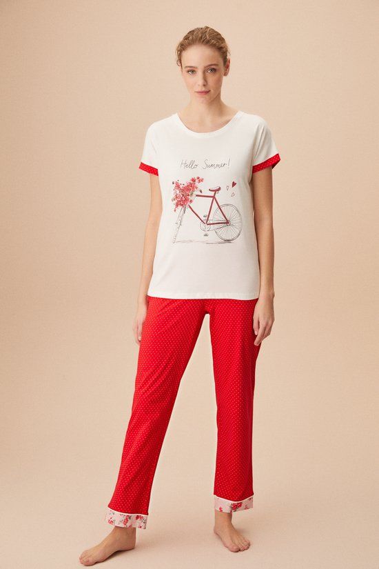 Merkloos / Sans marque Suwen - Dames Pyjama Set - Bloemen Print - Rood/Wit - Maat XXL