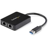 StarTech.com USB 3.0 naar 2-poorts Gigabit Ethernet Adapter met USB-poort - Zwart