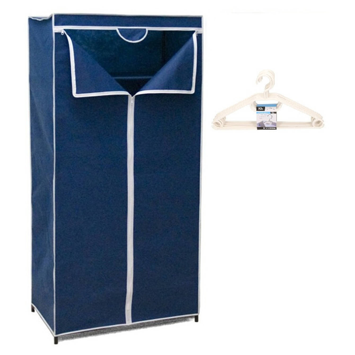Gerim Mobiele opvouwbare kledingkast blauw 75 x 46 x 160 cm incl. 10 witte kledinghangers