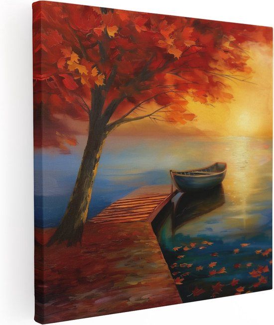 Artaza Canvas Schilderij Boot op een Dok bij Zonsondergang - 70x70 - Canvas Print