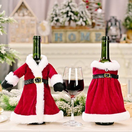 Luxe Wijnfles Cover Kerst - Set van 2 - Kerstman & Kerstvrouw - Rood/Wit/Zwart