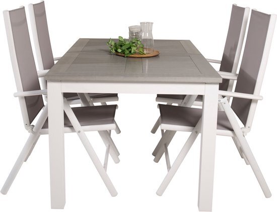 Hioshop Albany tuinmeubelset tafel 90x160/240cm en 4 stoel Break wit, grijs.