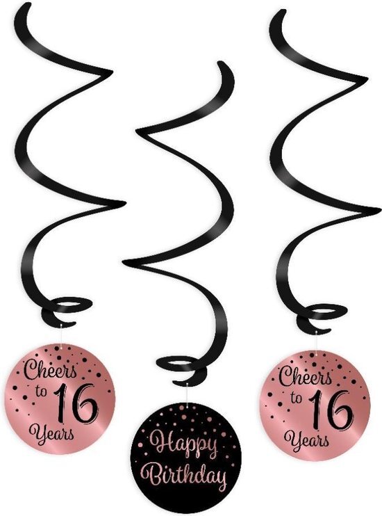 PD-Party Swirl decorations rose/black - 16, set van 6