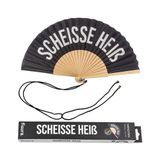Fisura – Originele handwaaier met de boodschap Sch*isse Heet Moderne en grappige houten waaiers. Zwart-witte waaiers. Vakken met waaierhouder. Afmetingen: 42,5 x 23 cm.