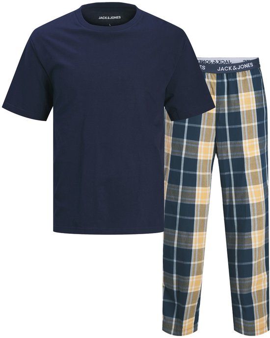 Jack & Jones Heren Pyjamaset Giftbox JACLUCA Geruit Donkerblauw/Oranje - Maat S