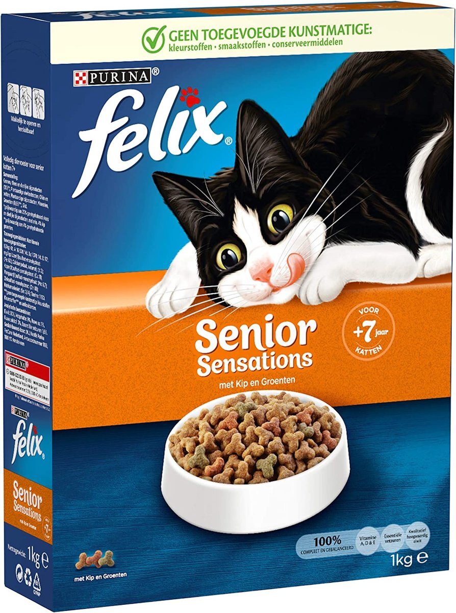 FELIX Senior Sensations kattenbrokken met Kip en Groenten - kattenvoer voor katten van 7 jaar ouder 1kg doos x 5 (5kg)