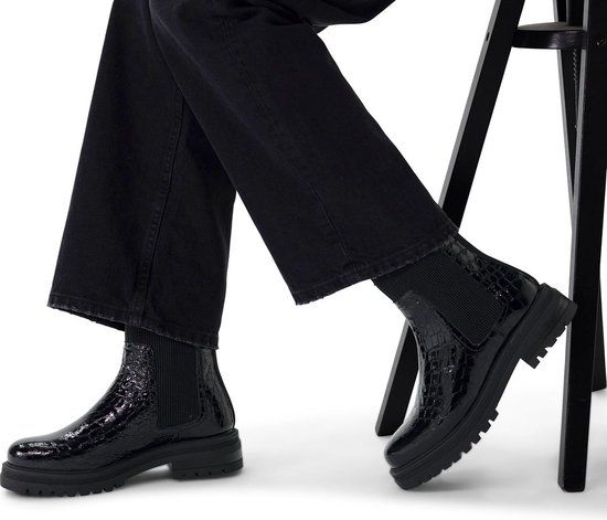 Manfield Dames Zwarte Leren Croco Chelsea Boots Maat 43