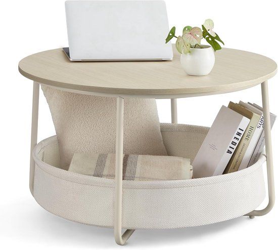 Songmics VASAGLE LCT244K01 Round Coffee Table with Storage Space Side Table Living Room Table with Fabric Basket Modern Metal Frame Natural Beige/Cream White