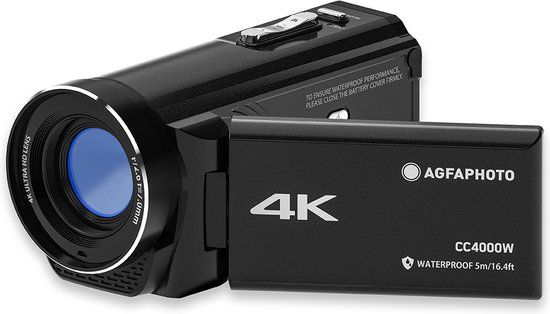 AgfaPhoto Realimove CC4000W Camcorder, waterdicht, 4K, touchscreen, 18x digitale zoom, 2.7K video, 24MP foto, afstandsbediening, zwart
