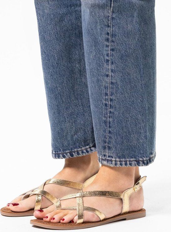 Sacha - Dames - Gouden leren sandalen met gekruiste bandjes - Maat 37