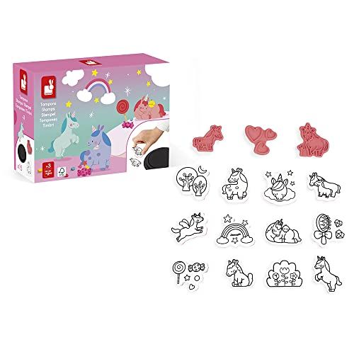 Janod - Stampinoo eenhoorn-set – 15 schuimrubberen pads en 1 inkt voor kleine handen – creatieve vrije tijd voor kinderen – fijne motoriek en creativiteit – vanaf 3 jaar, J07722