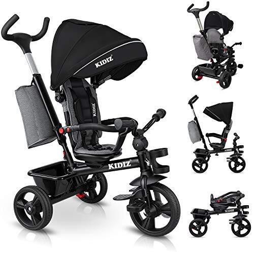 Kidiz KIDIZ® Driewieler 5-in-1 kinderdriewieler met duwstang, stuursysteem, stang vanaf 1 jaar, jogger vooruit en achteruit, mand tas drankhouder zonnedak rubberen wielen buggy fiets baby inklapbaar zwart