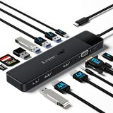 Lemorele Laptop docking station met dubbele monitor, hub | 2 x HDMI 4K, 100 W PD, VGA, 5 3.0/2.0, USB 3.0, PD, SD/TF, 3,5 mm voor Lenovo laptops, Surface, MacBook