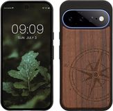 kwmobile telefoonhoesje geschikt voor Google Pixel 11 - Houten hoesje met bumper - Donkerbruin Vintage Kompas design