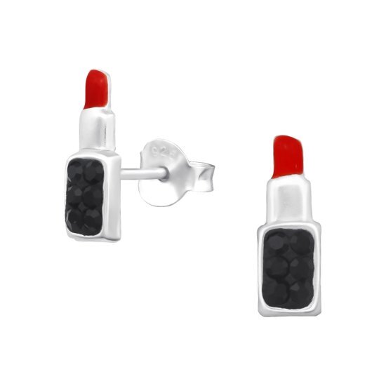 Aramat Jewels Oorbellen lippenstift-rood-zwart-kristal-925 zilver-4x11mm