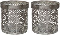 Decoris Waxinelicht houders set - 4x - metaal - grijs - bloemenpatroon - Windlichtjes - kaarsenhouders
