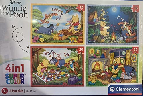Clementoni 21514 Supercolor 4-in-1 Disney Winnie The Poeh-puzzel, 12, 16, 20, 24 stukjes vanaf 3 jaar, kleurrijke kinderpuzzel met bijzondere helderheid, behendigheidsspel voor kinderen