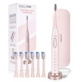 BarberBoss Sonic elektrische tandenborstel voor volwassenen, roze oplaadbare tandenborstel met USB-oplaadstation, 5 reinigingsstanden, 3 intensiteiten, 2 minuten slimme timer, 6 borstelkoppen, QR-7303