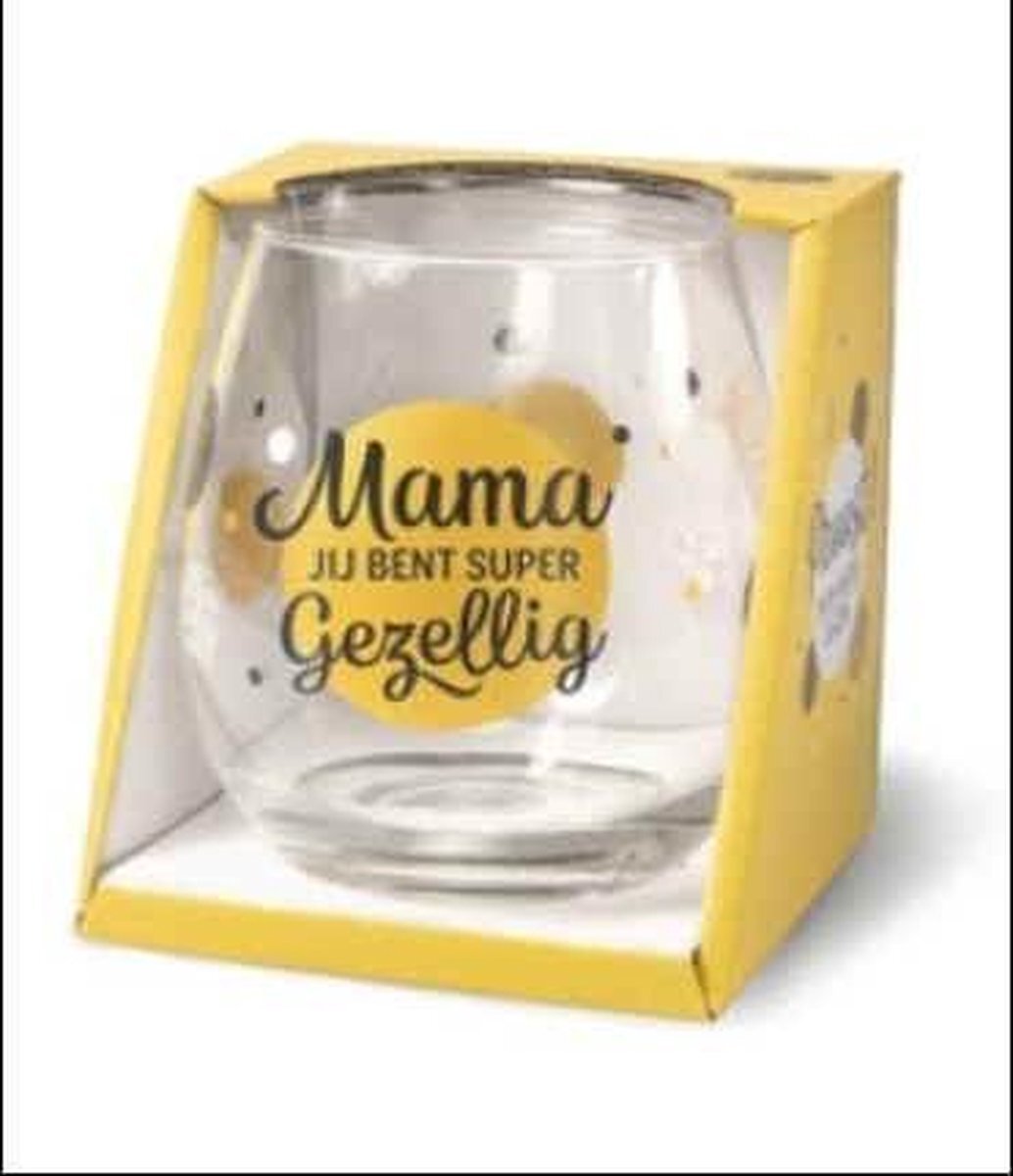 Snoepkado.com Wijnglas - Waterglas - Mama jij bent super gezellig - Gevuld met verpakte Italiaanse bonbons - In cadeauverpakking met gekleurd lint