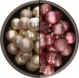 Bellatio Decorations Boules de Noël mix - 74-delig - perle champagne et velours rose - 6 cm - plastique