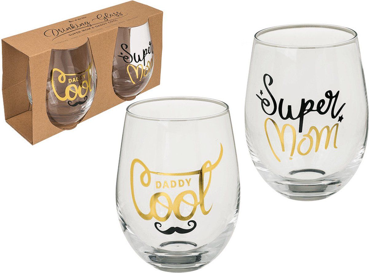 Out of the Blue Set van 4x waterglazen Super Mom & Daddy Cool transparant - 300 ml