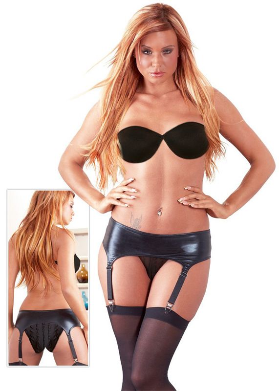 Mandy Mystery Line Zwarte wetlook jarretel gordel Medium