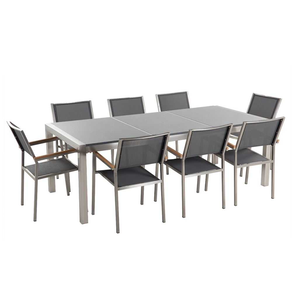 Beliani Tuinset gepolijst graniet/RVS grijs driedelig tafelblad 220 x 100 cm met 8 stoelen grijs GROSSETO