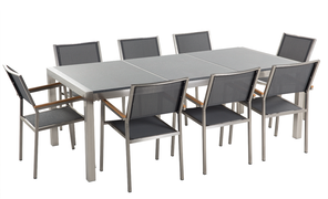 Beliani Tuinset gepolijst graniet/RVS grijs driedelig tafelblad 220 x 100 cm met 8 stoelen grijs GROSSETO