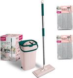 York Platte dweil mobiele telefoon met steel en emmer, van microvezel, absorberend, voor vloerreiniging, zonder watervlekken, roze-groen, 2 extra patronen, emmerinhoud: 6 liter, steellengte: 120 cm