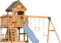 AXI Jack Speeltoestel met Dubbele Schommel en Trapeze Bruin – Pastel Blauwe Glijbaan – Zandbak, Picknicktafel, Speelkeuken en Klimwand – Telescoop en Stuur - FSC hout - Speelhuis op palen voor de tui