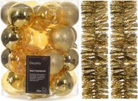 Decoris Kaemingk B.V. Kerstversiering set - goud - kerstballen 6 cm en kerstslingers - kunststof